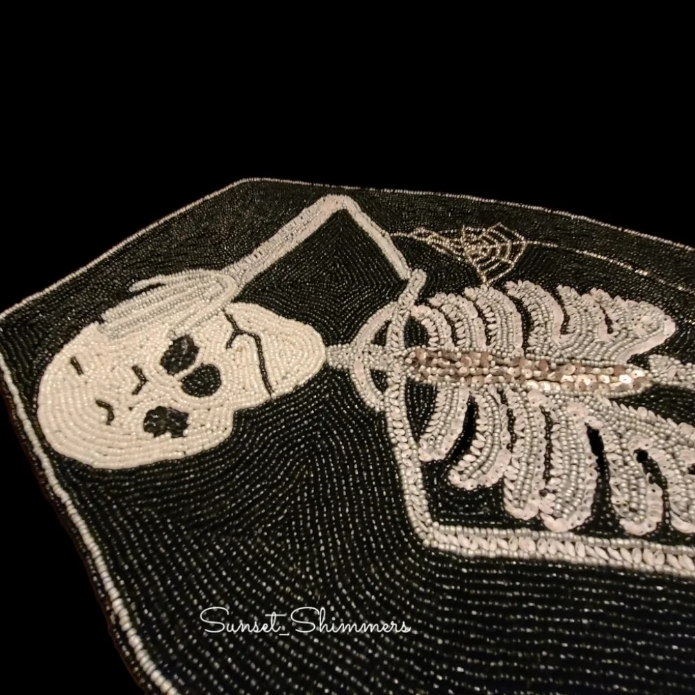GOTH Halloween SKELETON in COFFIN Spider Web Beaded TABLE RUNNER Centerpiece NEW
